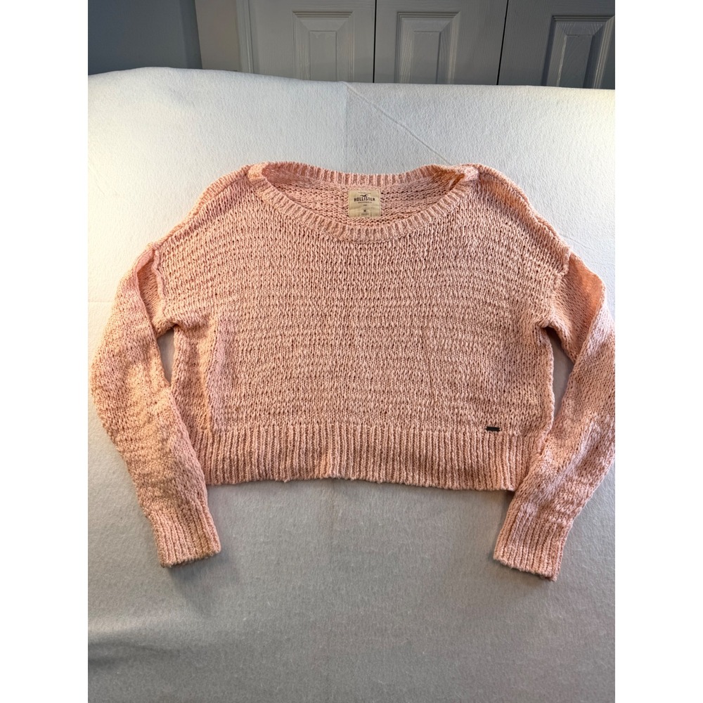 Hollister Womens Peach Pink Open Knit Cropped Sweater Scoop Neck Relaxed Size M